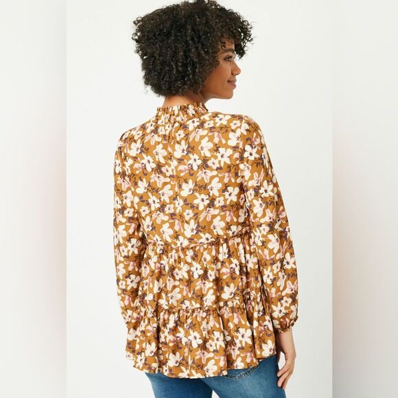 Hayden Los Angeles Puff Sleeve Tie Neck Tiered Tunic Women's Tops Blouse(Size L) - Picture 3 of 11